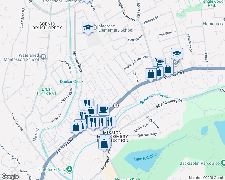 map of restaurants, bars, coffee shops, grocery stores, and more near 103 Bluejay Drive in Santa Rosa