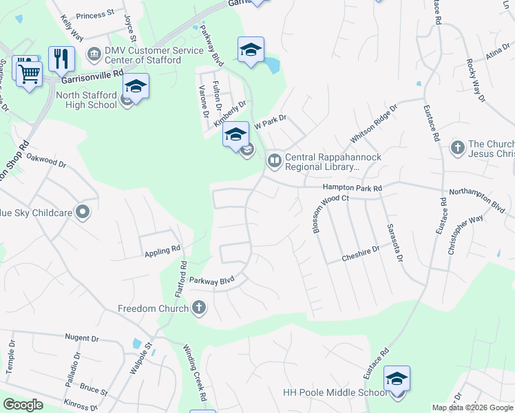 map of restaurants, bars, coffee shops, grocery stores, and more near 7 Ashley Court in Stafford
