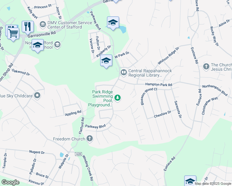 map of restaurants, bars, coffee shops, grocery stores, and more near 7 Ashley Court in Stafford