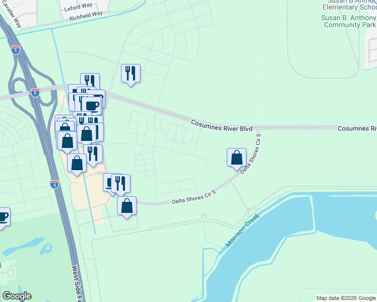 map of restaurants, bars, coffee shops, grocery stores, and more near 2249 Delta View Avenue in Sacramento