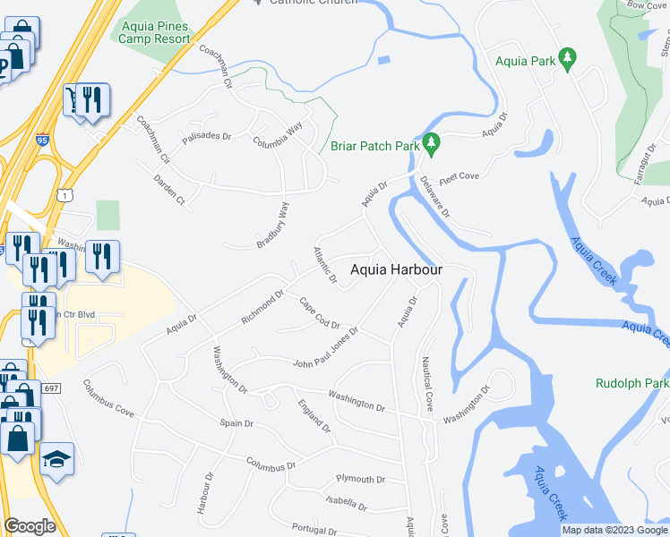 map of restaurants, bars, coffee shops, grocery stores, and more near 1201 Richmond Drive in Stafford