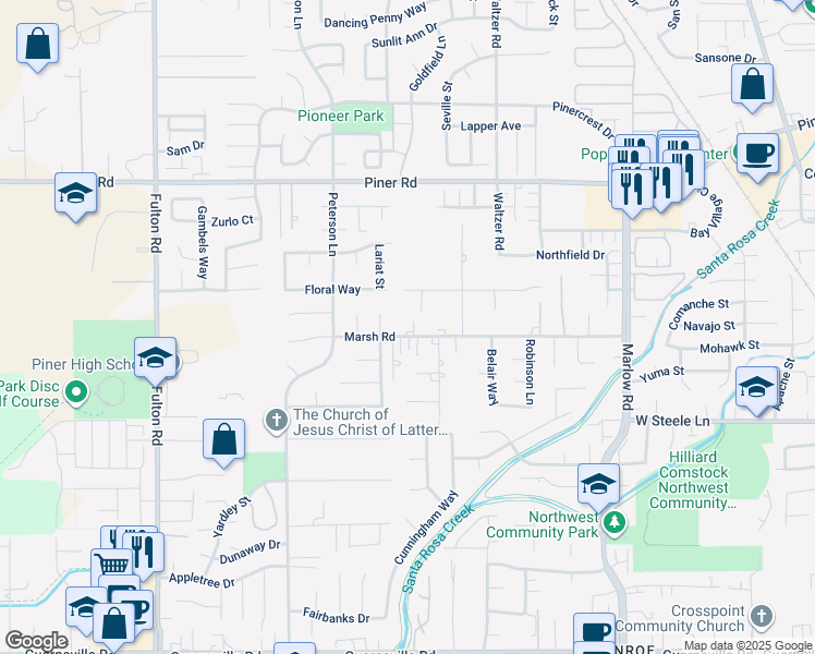 map of restaurants, bars, coffee shops, grocery stores, and more near 2241 Marsh Road in Santa Rosa