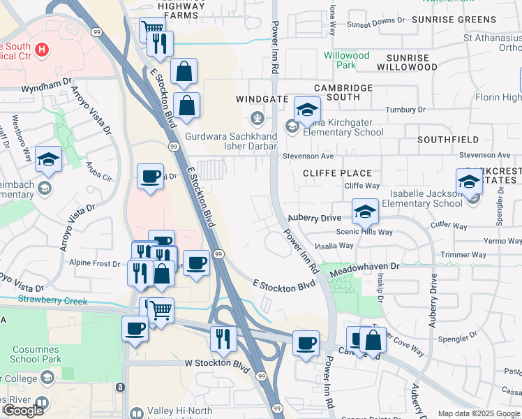map of restaurants, bars, coffee shops, grocery stores, and more near 8162 Power Inn Road in Sacramento