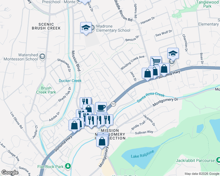 map of restaurants, bars, coffee shops, grocery stores, and more near 103 Bluejay Drive in Santa Rosa