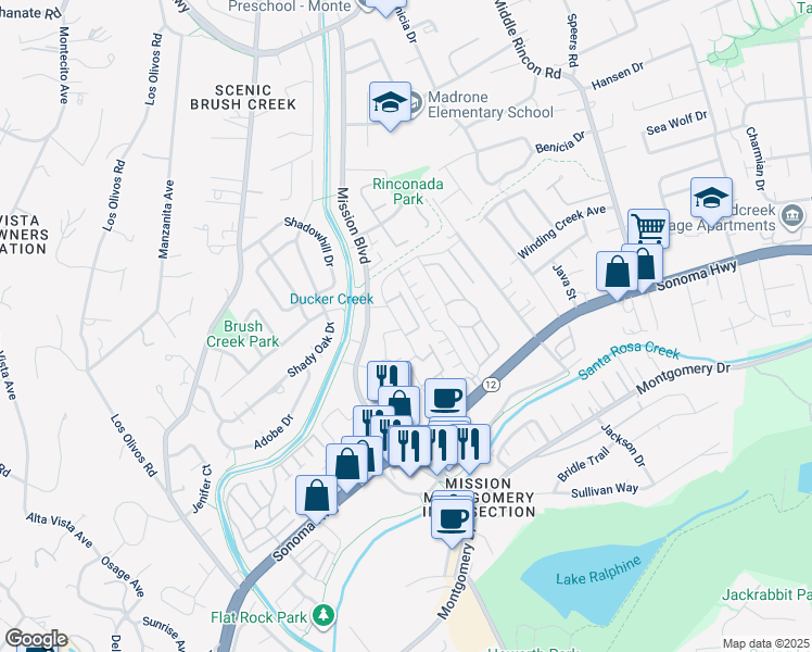 map of restaurants, bars, coffee shops, grocery stores, and more near 1106 Prospect Avenue in Santa Rosa