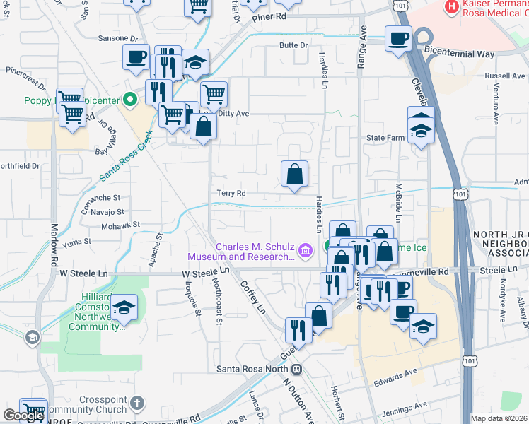 map of restaurants, bars, coffee shops, grocery stores, and more near 1936 Terry Road in Santa Rosa