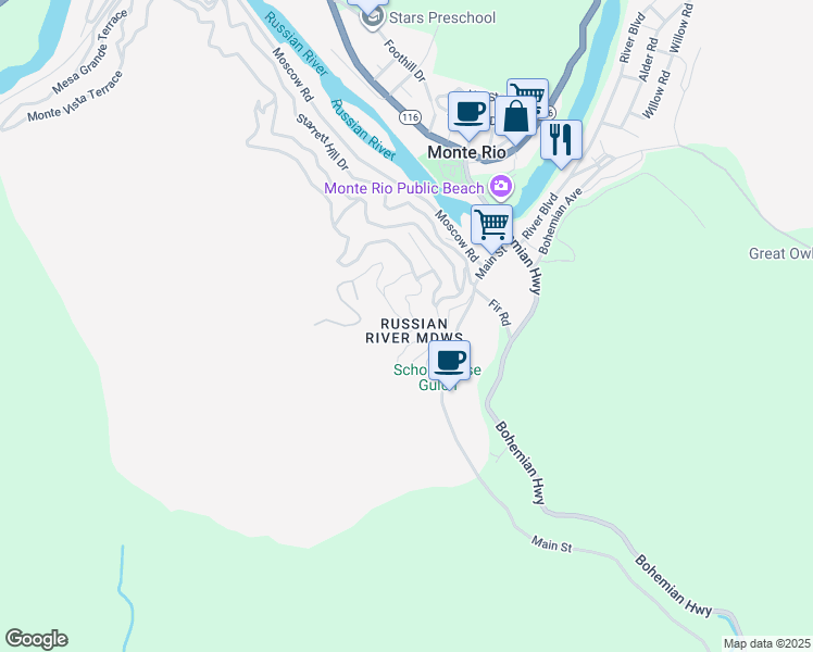 map of restaurants, bars, coffee shops, grocery stores, and more near 21455 Delta Way in Monte Rio