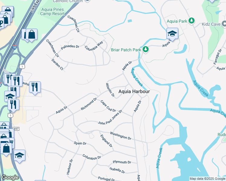 map of restaurants, bars, coffee shops, grocery stores, and more near 1201 Richmond Drive in Stafford
