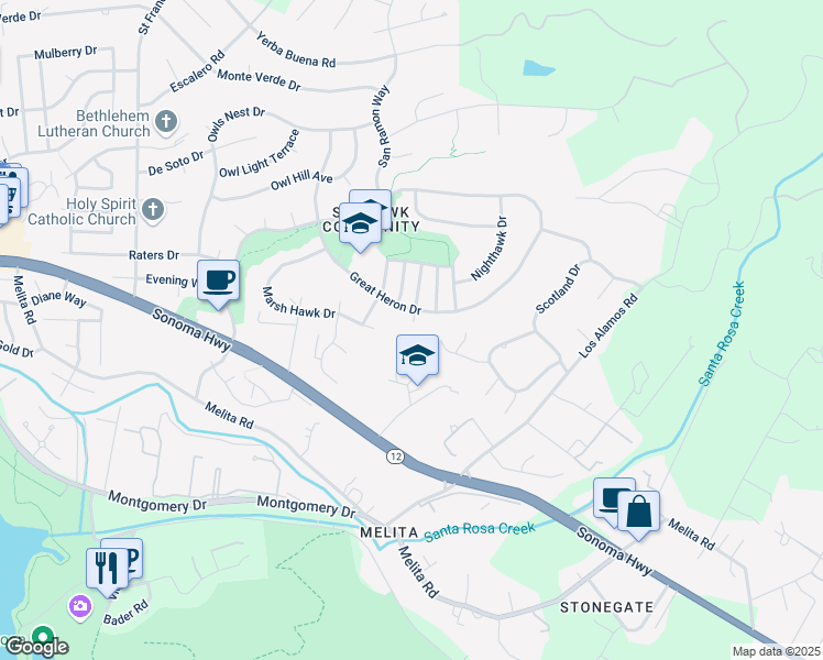map of restaurants, bars, coffee shops, grocery stores, and more near 1442 Twilight Place in Santa Rosa