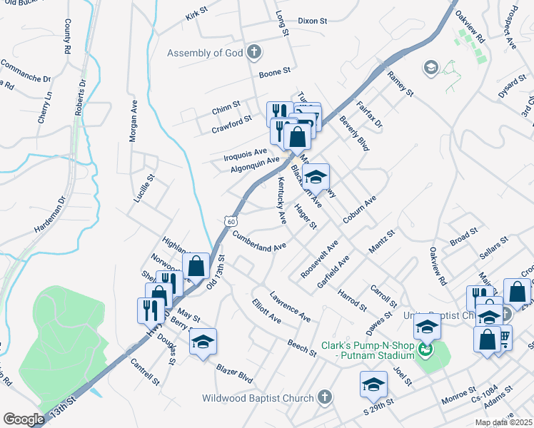 map of restaurants, bars, coffee shops, grocery stores, and more near 2620 Central Parkway in Ashland