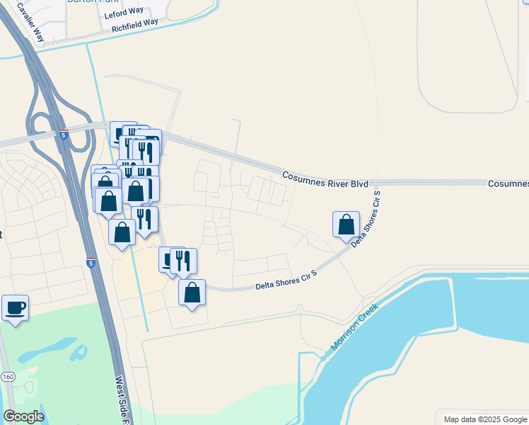 map of restaurants, bars, coffee shops, grocery stores, and more near 2213 Delta View Avenue in Sacramento