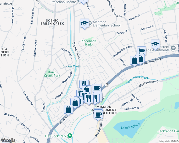 map of restaurants, bars, coffee shops, grocery stores, and more near 1106 Prospect Avenue in Santa Rosa