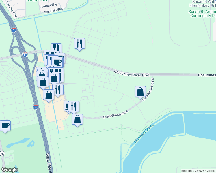 map of restaurants, bars, coffee shops, grocery stores, and more near 2219 Delta View Avenue in Sacramento