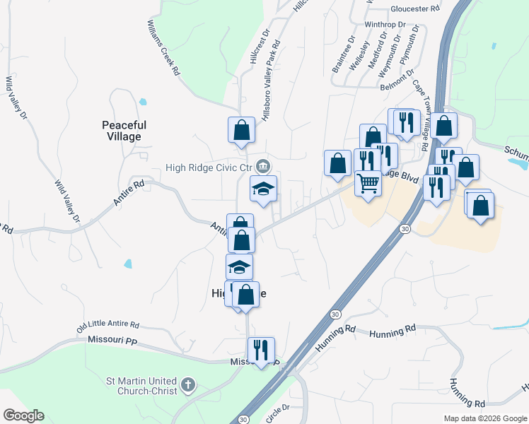 map of restaurants, bars, coffee shops, grocery stores, and more near 2901 High Ridge Boulevard in High Ridge