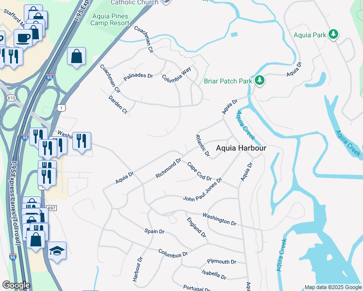 map of restaurants, bars, coffee shops, grocery stores, and more near 102 Sloop Cove in Stafford