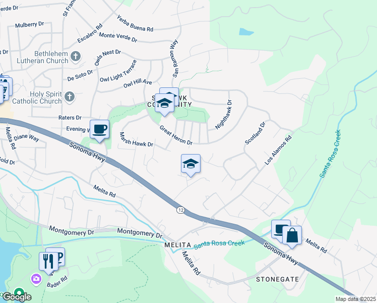 map of restaurants, bars, coffee shops, grocery stores, and more near 1442 Twilight Place in Santa Rosa