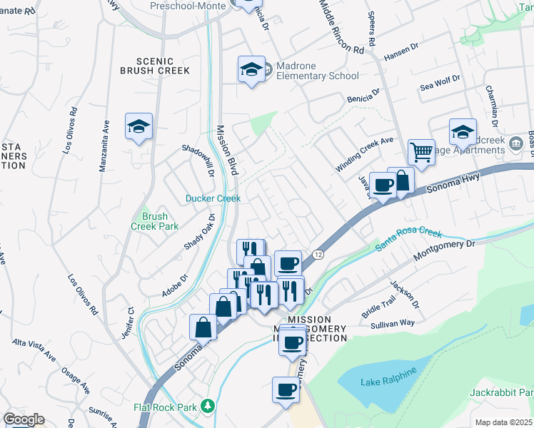 map of restaurants, bars, coffee shops, grocery stores, and more near 1106 Prospect Avenue in Santa Rosa