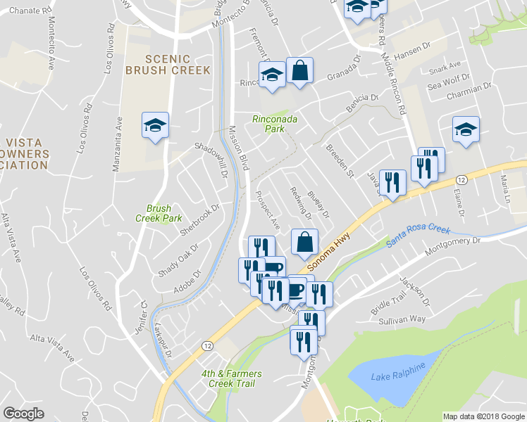 map of restaurants, bars, coffee shops, grocery stores, and more near 1106 Prospect Avenue in Santa Rosa