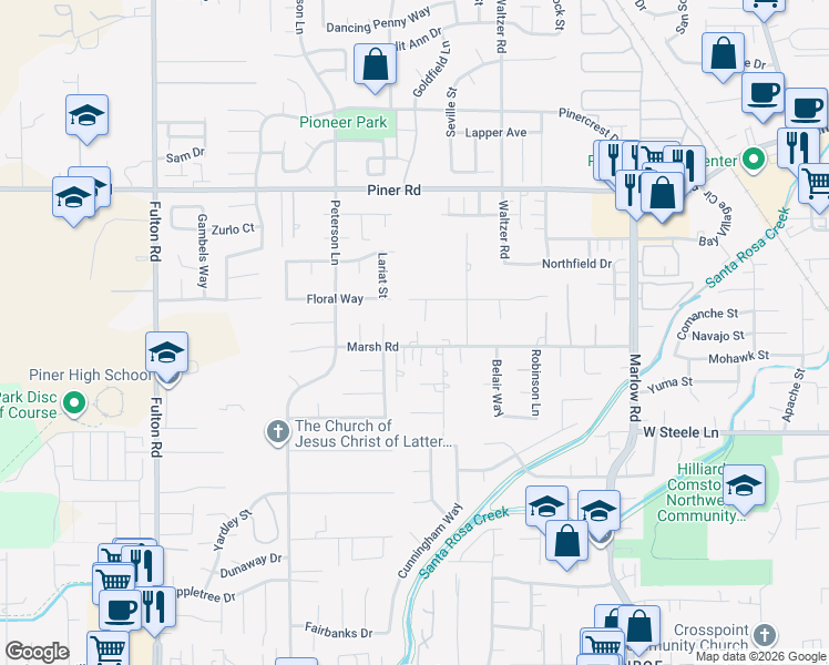 map of restaurants, bars, coffee shops, grocery stores, and more near 2241 Marsh Road in Santa Rosa
