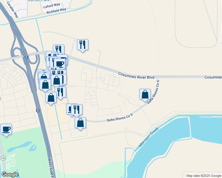 map of restaurants, bars, coffee shops, grocery stores, and more near 2213 Delta View Avenue in Sacramento