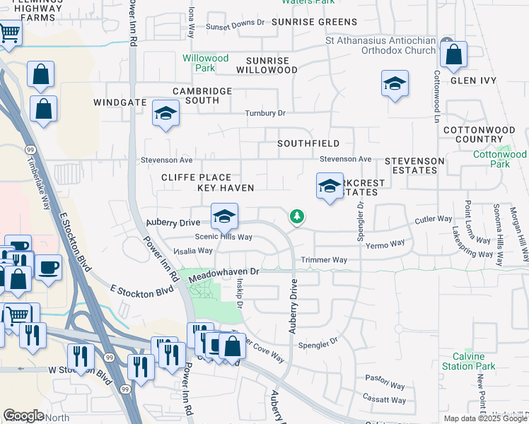 map of restaurants, bars, coffee shops, grocery stores, and more near 8304 Boron Way in Sacramento