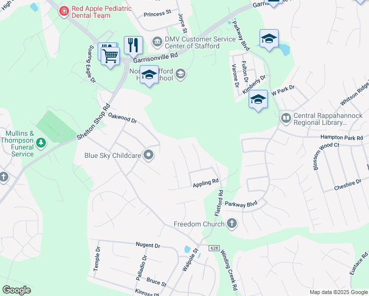 map of restaurants, bars, coffee shops, grocery stores, and more near 18 Wendover Court in Stafford