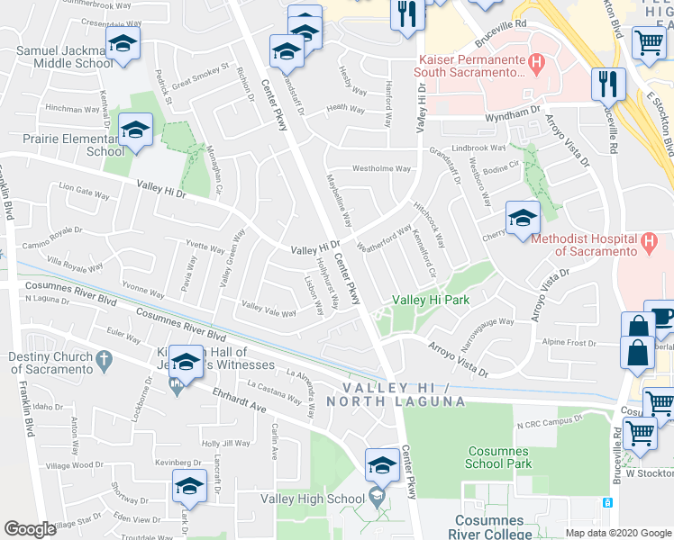map of restaurants, bars, coffee shops, grocery stores, and more near 8108 Center Parkway in Sacramento