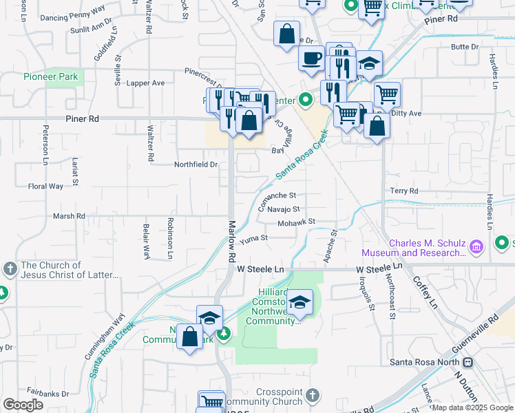 map of restaurants, bars, coffee shops, grocery stores, and more near 2865 Comanche Street in Santa Rosa