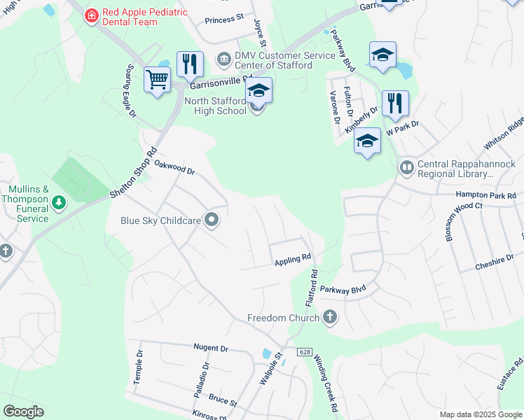 map of restaurants, bars, coffee shops, grocery stores, and more near 18 Wendover Court in Stafford