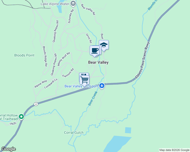 map of restaurants, bars, coffee shops, grocery stores, and more near 225 Bear Valley Road in Bear Valley