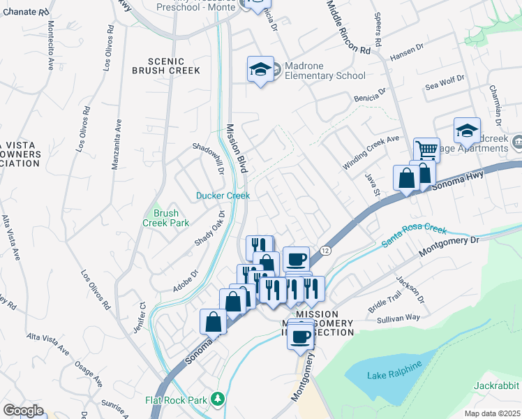 map of restaurants, bars, coffee shops, grocery stores, and more near 1520 Mission Boulevard in Santa Rosa