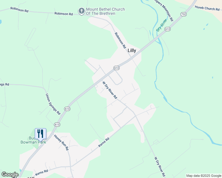 map of restaurants, bars, coffee shops, grocery stores, and more near 2111 West Dry River Road in Dayton