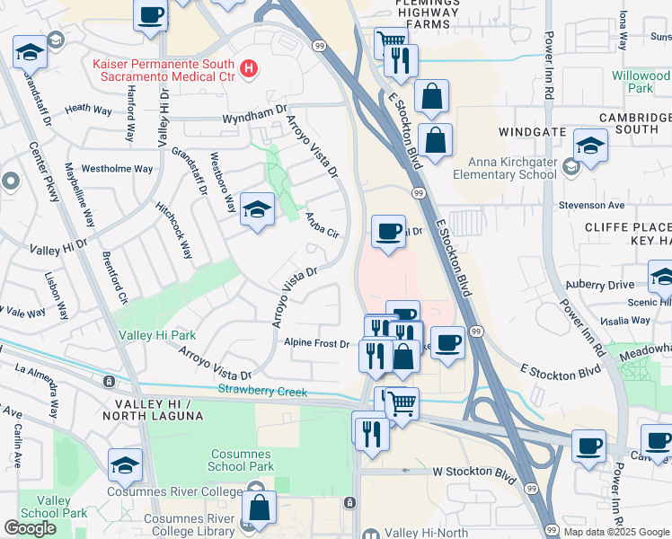map of restaurants, bars, coffee shops, grocery stores, and more near 8137 Arroyo Vista Drive in Sacramento