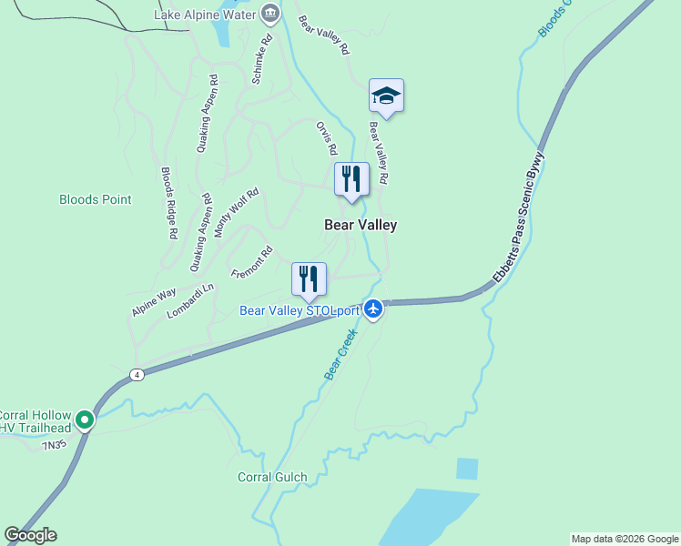 map of restaurants, bars, coffee shops, grocery stores, and more near 225 Bear Valley Road in Bear Valley