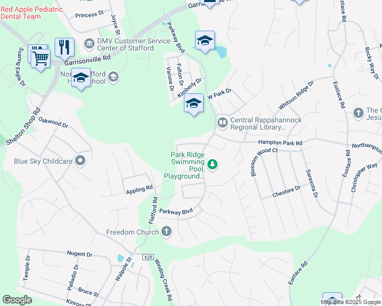map of restaurants, bars, coffee shops, grocery stores, and more near 10 Flewellen Drive in Stafford