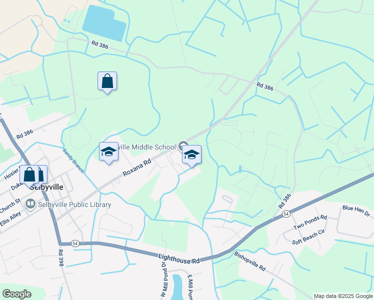 map of restaurants, bars, coffee shops, grocery stores, and more near 80 Bethany Road in Selbyville