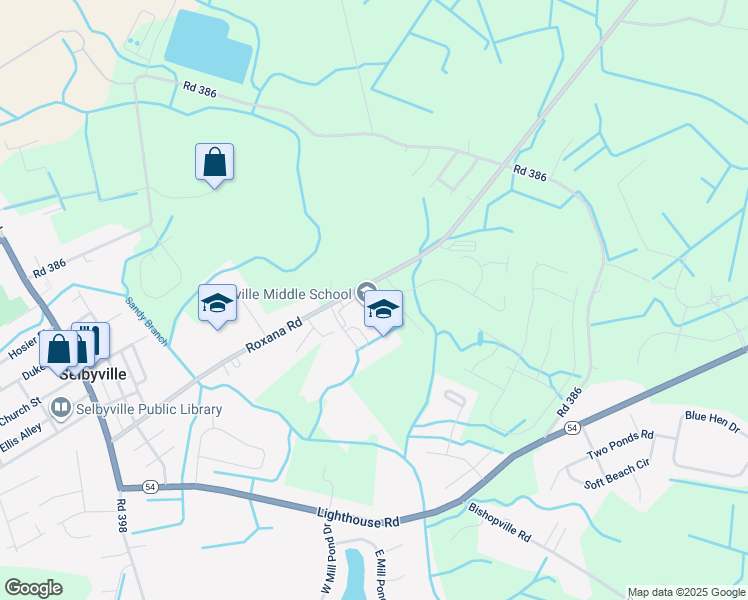 map of restaurants, bars, coffee shops, grocery stores, and more near 80 Bethany Road in Selbyville