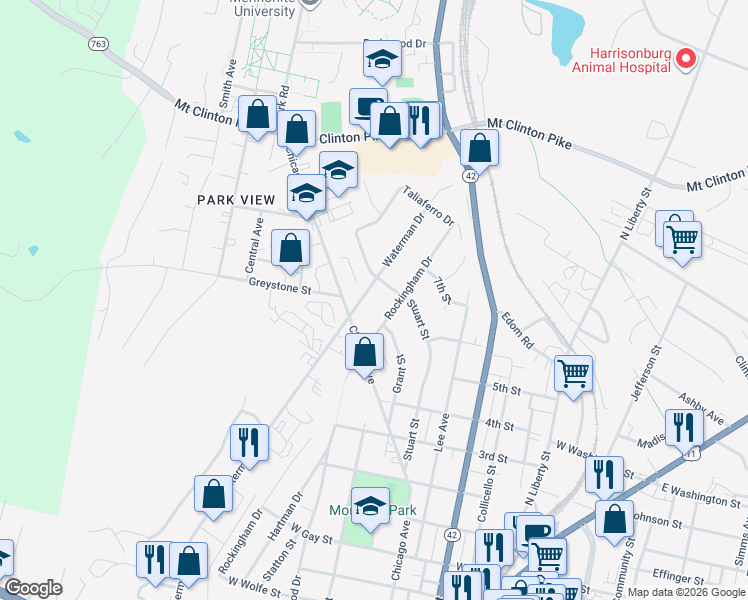 map of restaurants, bars, coffee shops, grocery stores, and more near 1022 Waterman Drive in Harrisonburg