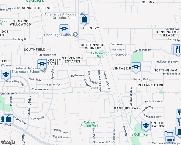 map of restaurants, bars, coffee shops, grocery stores, and more near 8101 Rogue Court in Sacramento