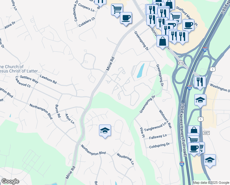 map of restaurants, bars, coffee shops, grocery stores, and more near 207 Sterling Court in Stafford