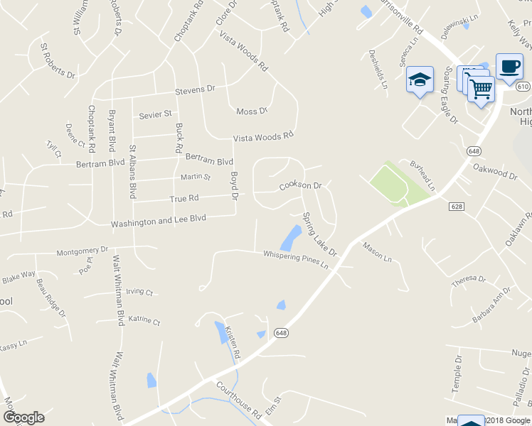 map of restaurants, bars, coffee shops, grocery stores, and more near 63 Spring Lake Drive in Stafford