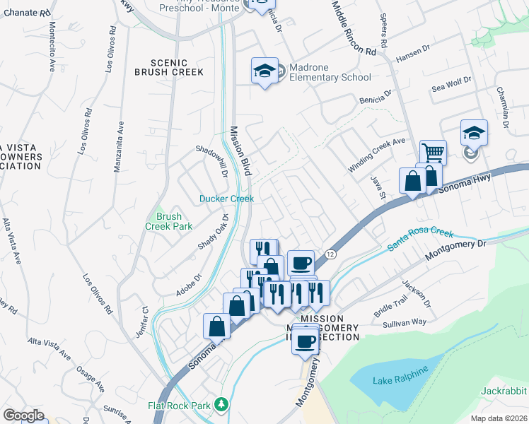 map of restaurants, bars, coffee shops, grocery stores, and more near 1524 Mission Boulevard in Santa Rosa