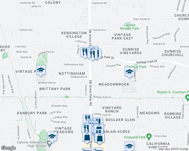 map of restaurants, bars, coffee shops, grocery stores, and more near 8909 Bridalsmith Drive in Sacramento
