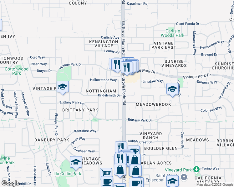 map of restaurants, bars, coffee shops, grocery stores, and more near 8932 Hollowstone Way in Sacramento