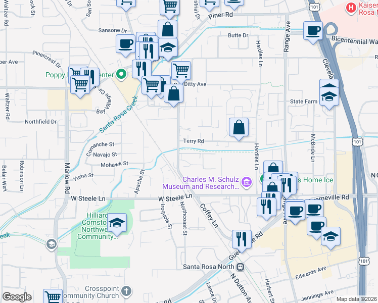 map of restaurants, bars, coffee shops, grocery stores, and more near 3020 Coffey Lane in Santa Rosa