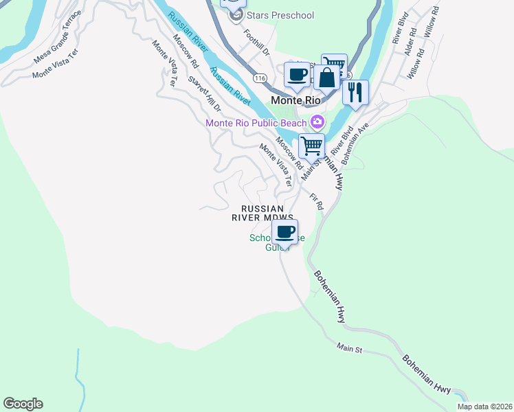 map of restaurants, bars, coffee shops, grocery stores, and more near in Monte Rio