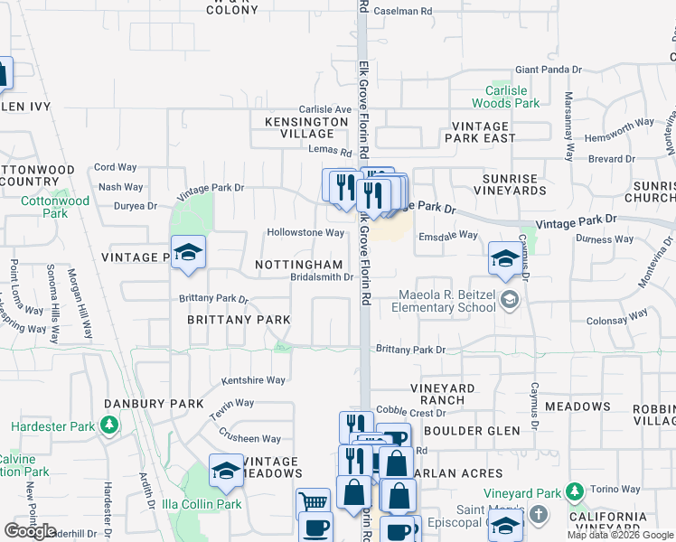 map of restaurants, bars, coffee shops, grocery stores, and more near 8932 Hollowstone Way in Sacramento