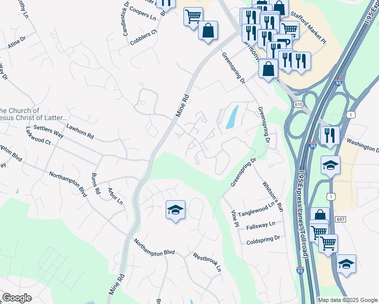 map of restaurants, bars, coffee shops, grocery stores, and more near 207 Sterling Court in Stafford