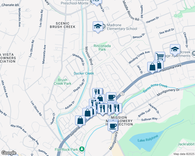 map of restaurants, bars, coffee shops, grocery stores, and more near 1528 Mission Boulevard in Santa Rosa