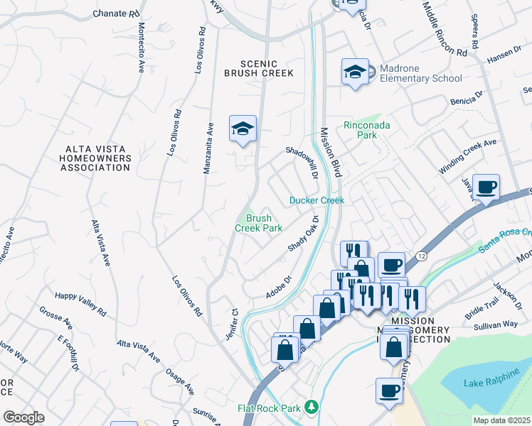 map of restaurants, bars, coffee shops, grocery stores, and more near 1123 Shadyslope Drive in Santa Rosa